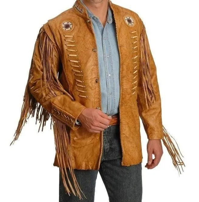 Men's Cowboy Style Tan Color Leather Jacket, Men's Western Style Fringe Leather Jacket