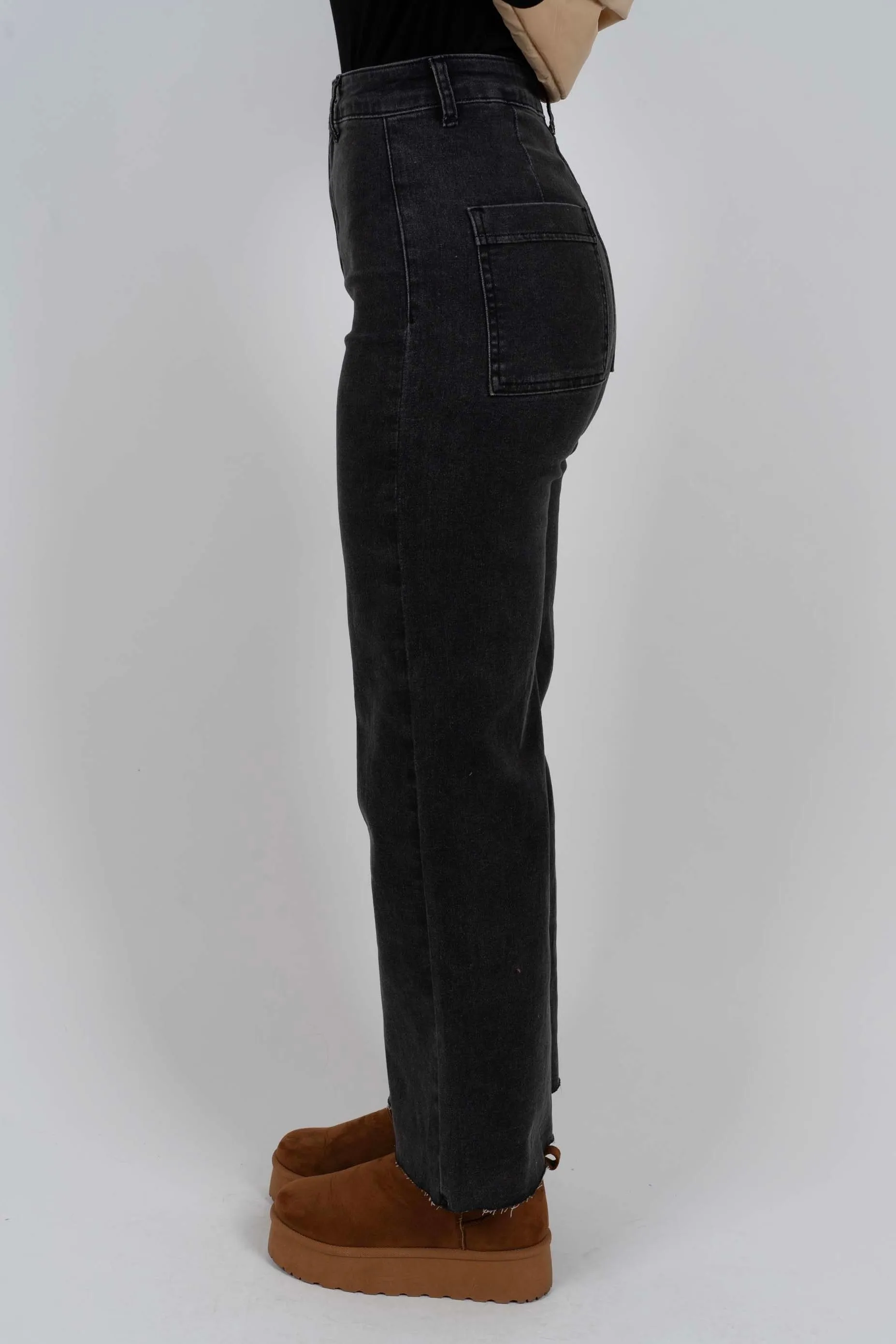 Miles To Go Wide Leg Denim Jeans (Washed Black)