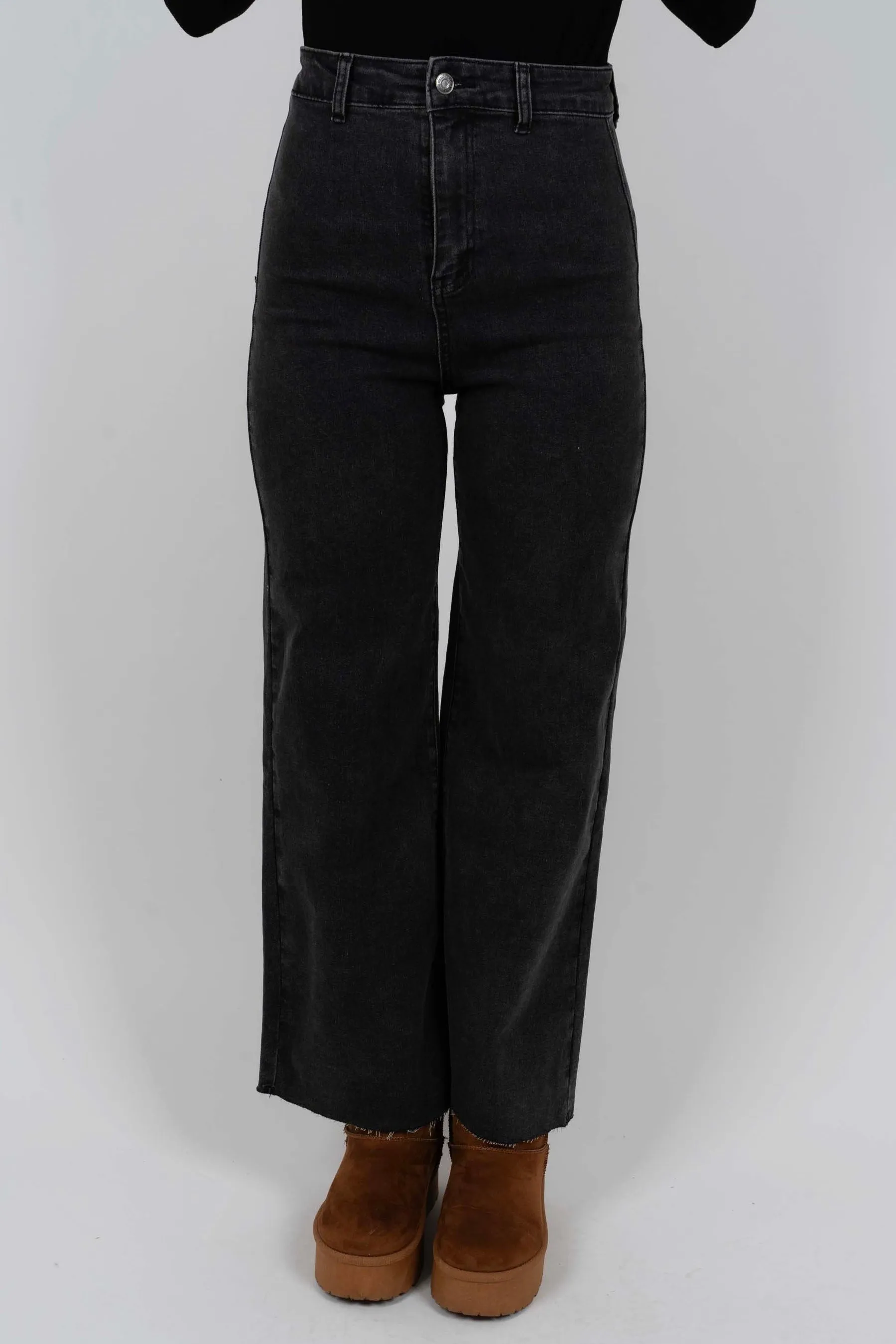 Miles To Go Wide Leg Denim Jeans (Washed Black)