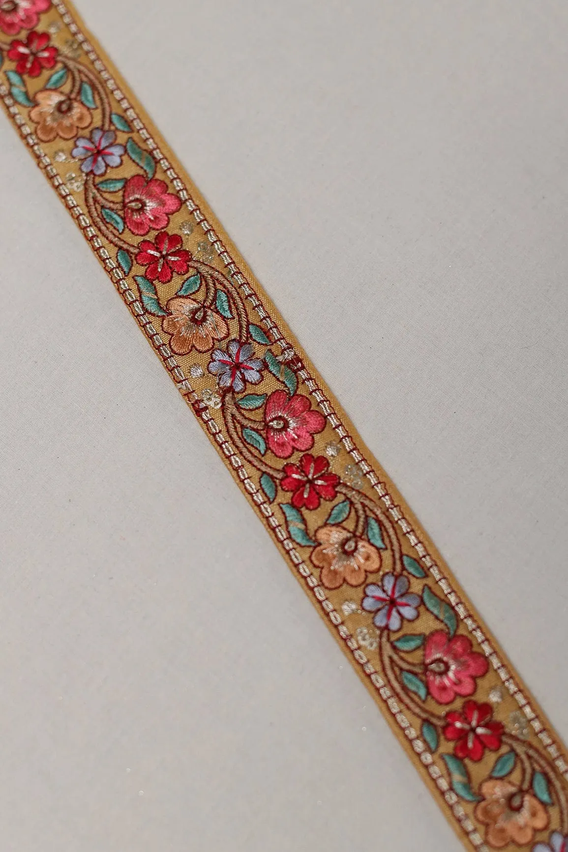 Multi Color Floral Thread Work With Gold Sequins Mustard Embroidered Lace (9 Meters)