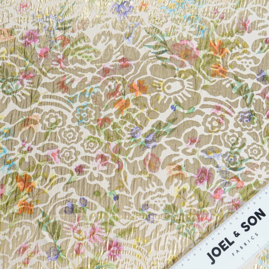 Multi Floral Printed Cream Silk Metallic Jacquard