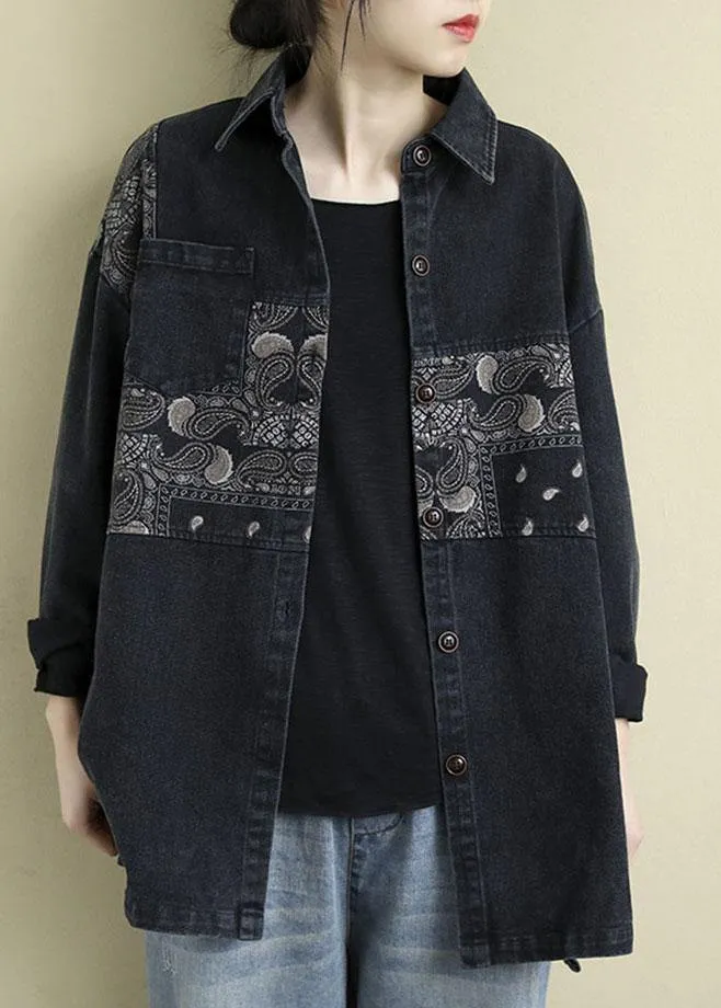 Natural Black Grey Patchwork Print Pockets Blouses