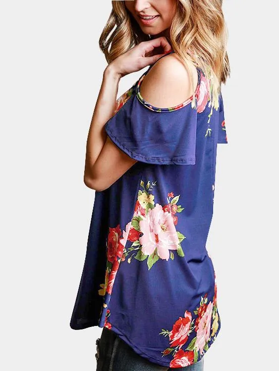 OEM ODM V-Neck Cold Shoulder Floral Print Short Sleeve Blue Top