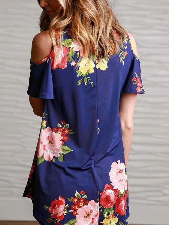 OEM ODM V-Neck Cold Shoulder Floral Print Short Sleeve Blue Top