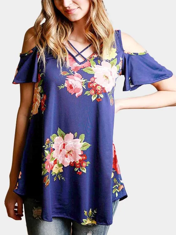 OEM ODM V-Neck Cold Shoulder Floral Print Short Sleeve Blue Top