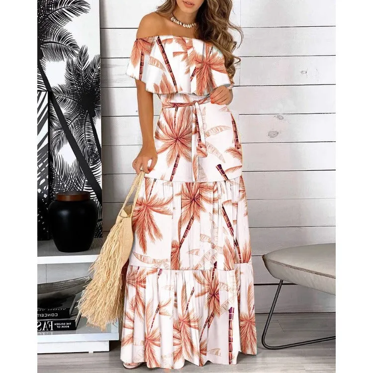 Off Shoulder Floral Print Tie Waist Pleated Wholesale Maxi Dresses Summer