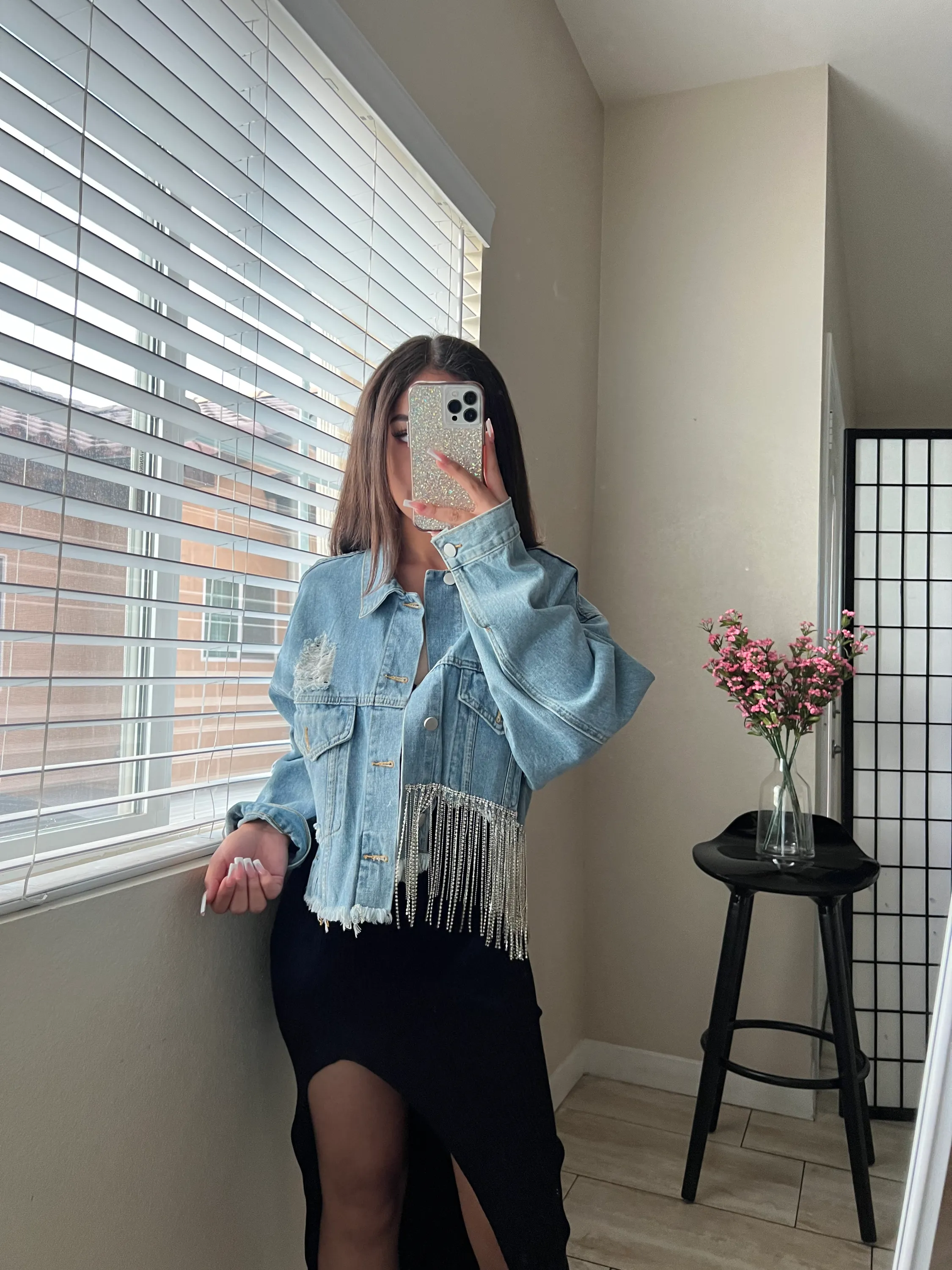 Ottis Distressed Denim Jacket with Rhinestone Fringe