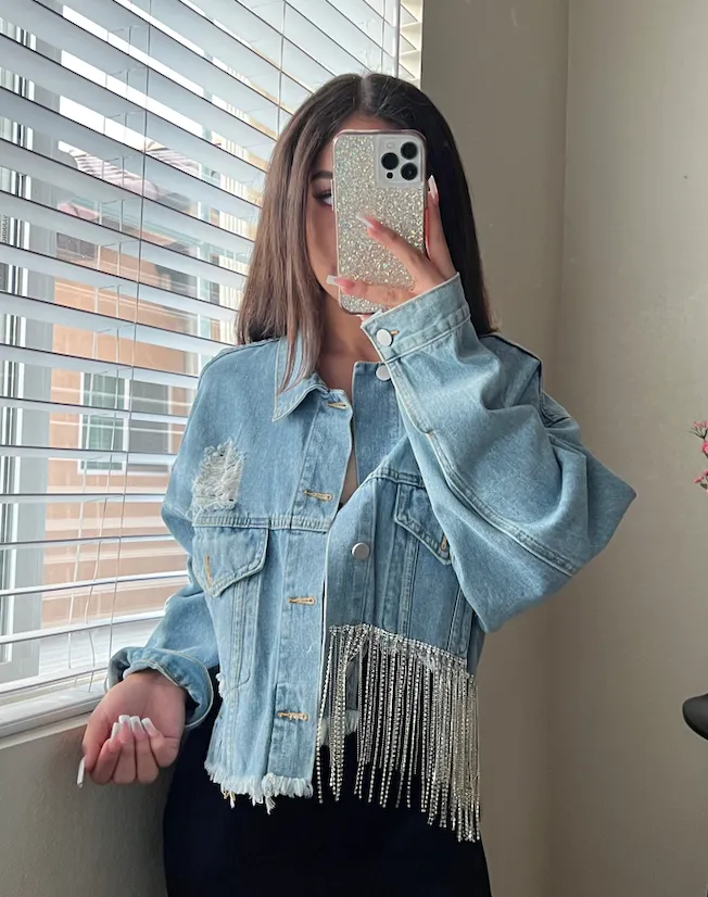 Ottis Distressed Denim Jacket with Rhinestone Fringe