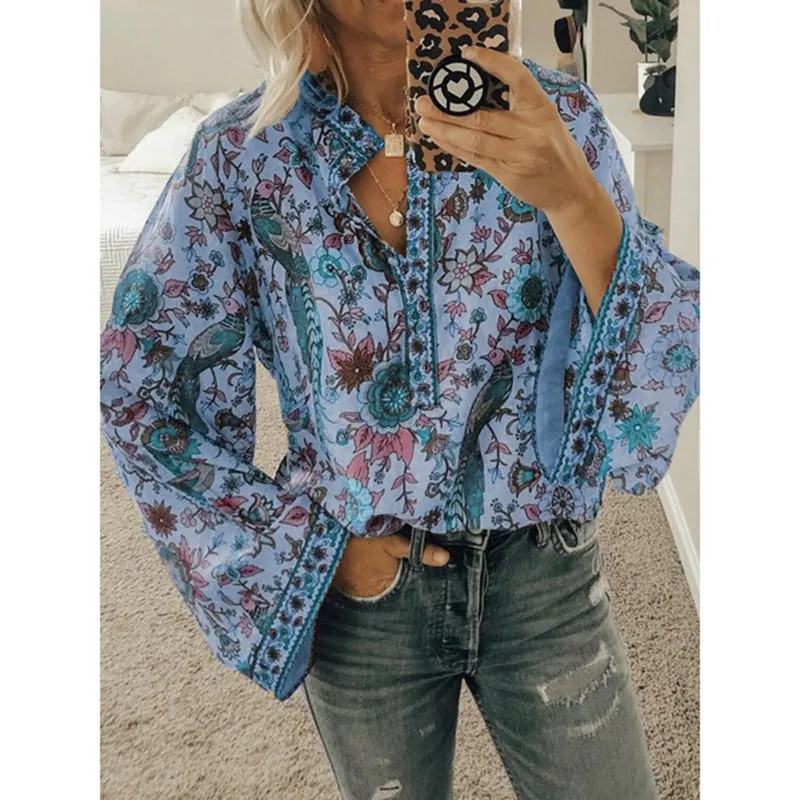 Peacock print loose shirt button long sleeve shirt