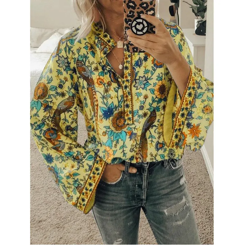 Peacock print loose shirt button long sleeve shirt