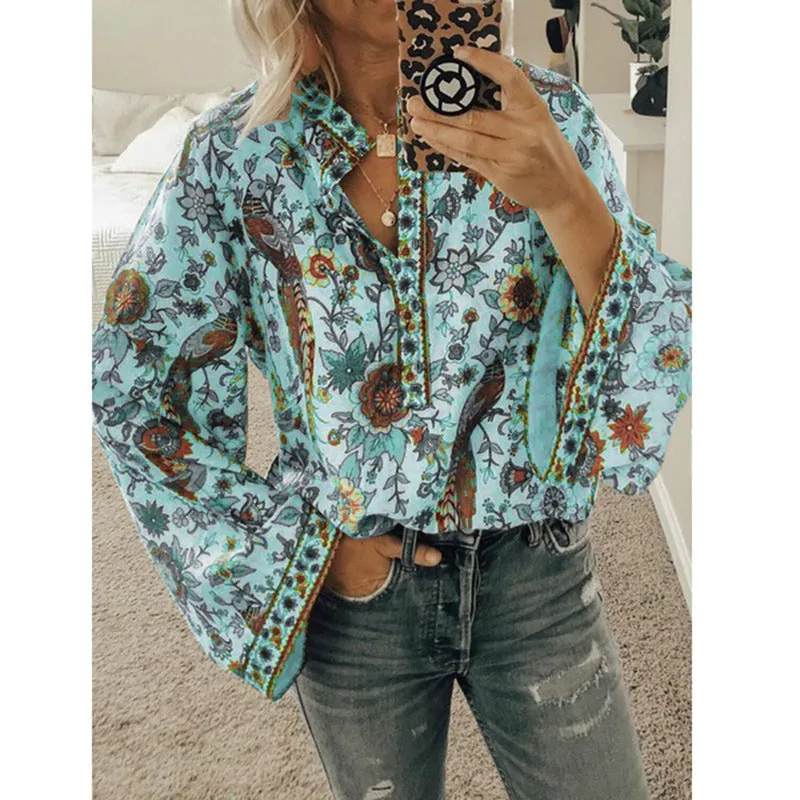 Peacock print loose shirt button long sleeve shirt