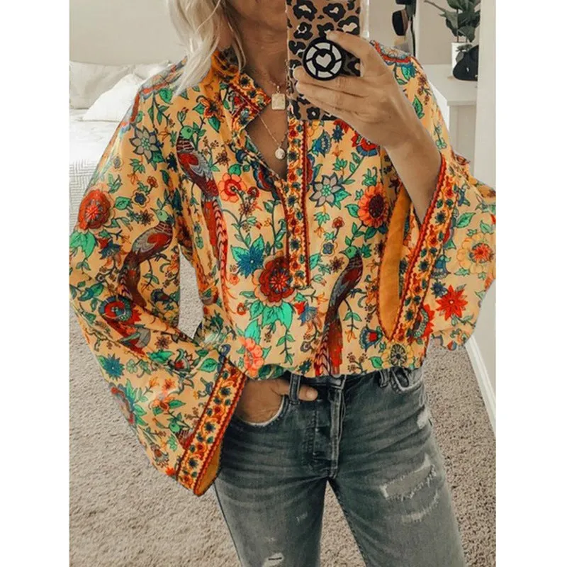 Peacock print loose shirt button long sleeve shirt