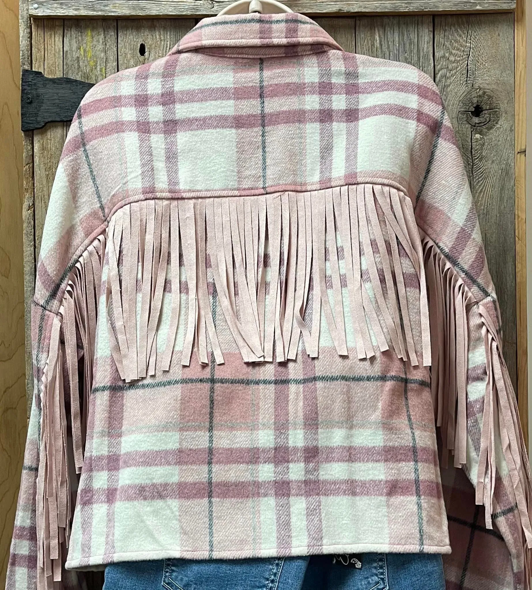 PINK FRINGED BACK PLAID SHACKET