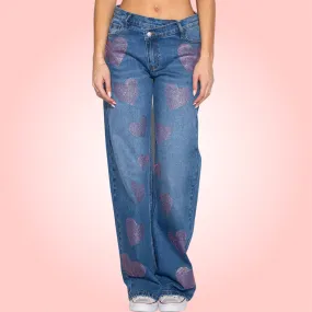 Pink Rhinestone Wide Jeans