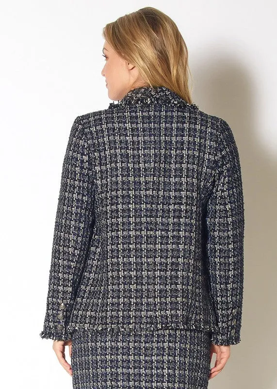 Plaid Tweed Fringe Hem Blazer Jacket