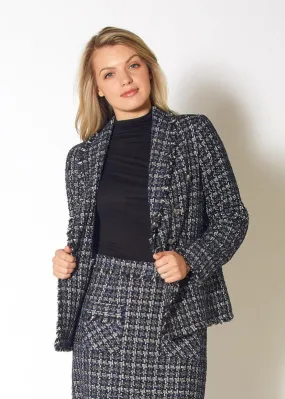 Plaid Tweed Fringe Hem Blazer Jacket