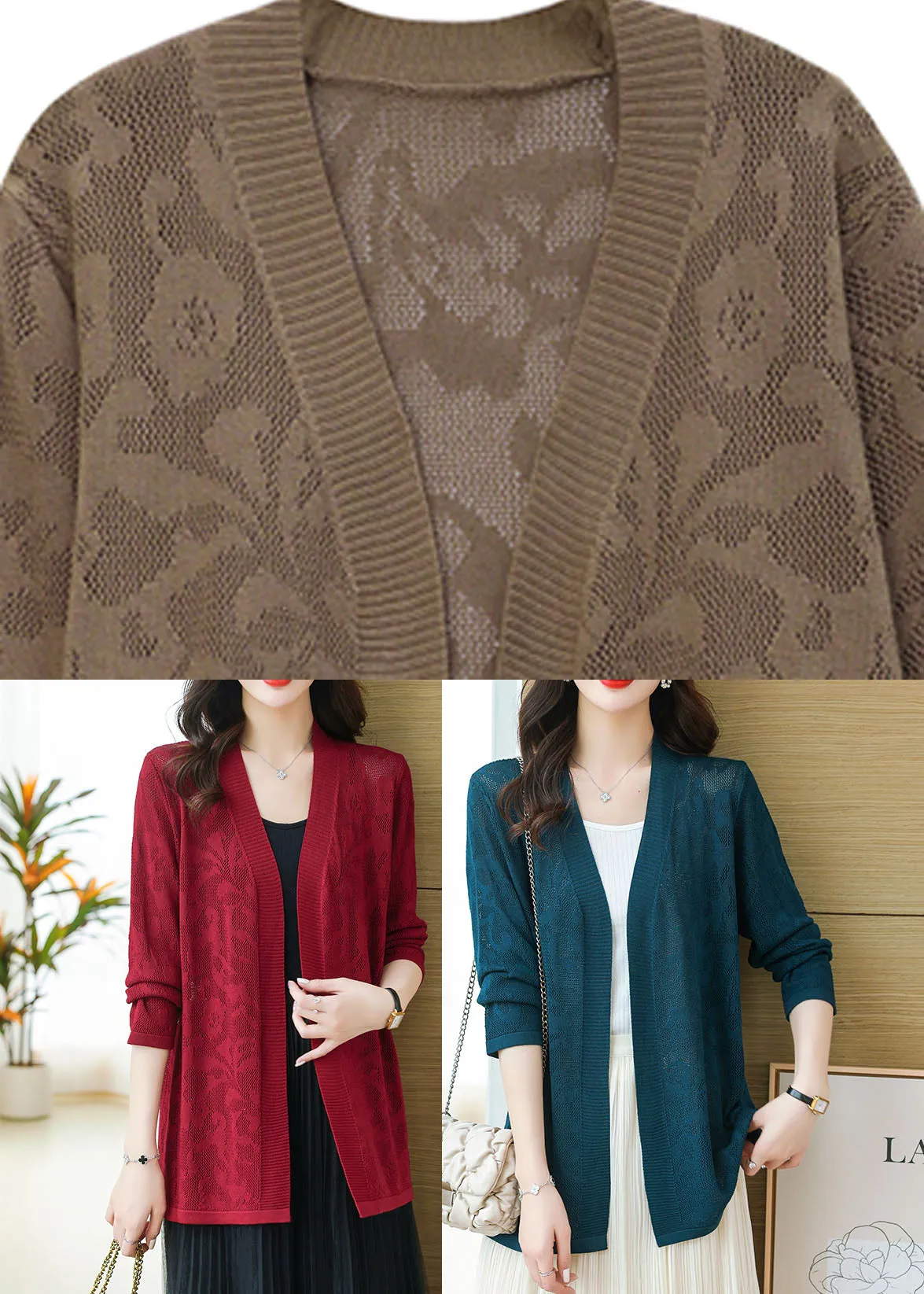 Plus Size Coffee Patchwork Solid Thin Knit Cardigan Long Sleeve