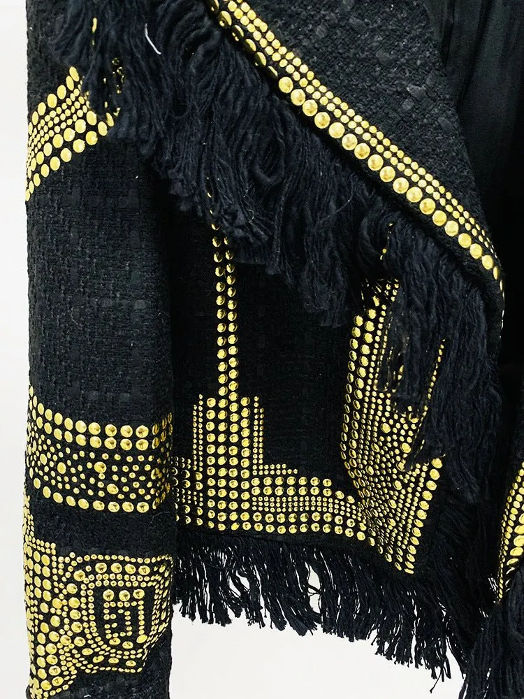 Pre Order:  Gold Studs Tassels Woolen Blazer