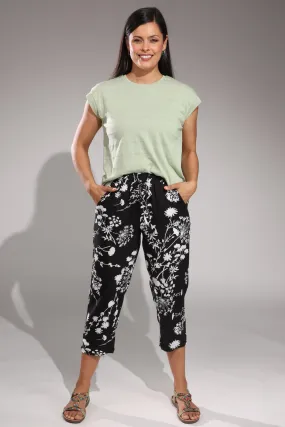 Printed Viscose Mid Calf Pants | BLACK WHITE SPRIG | 3369A1