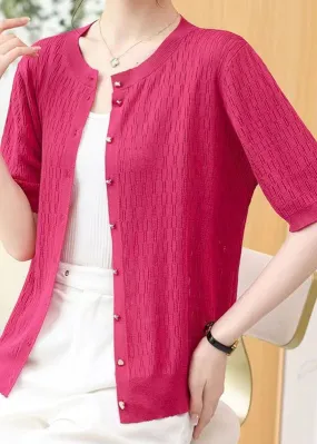 Rose Patchwork Thin Knit Cardigan O Neck Hollow Out Summer