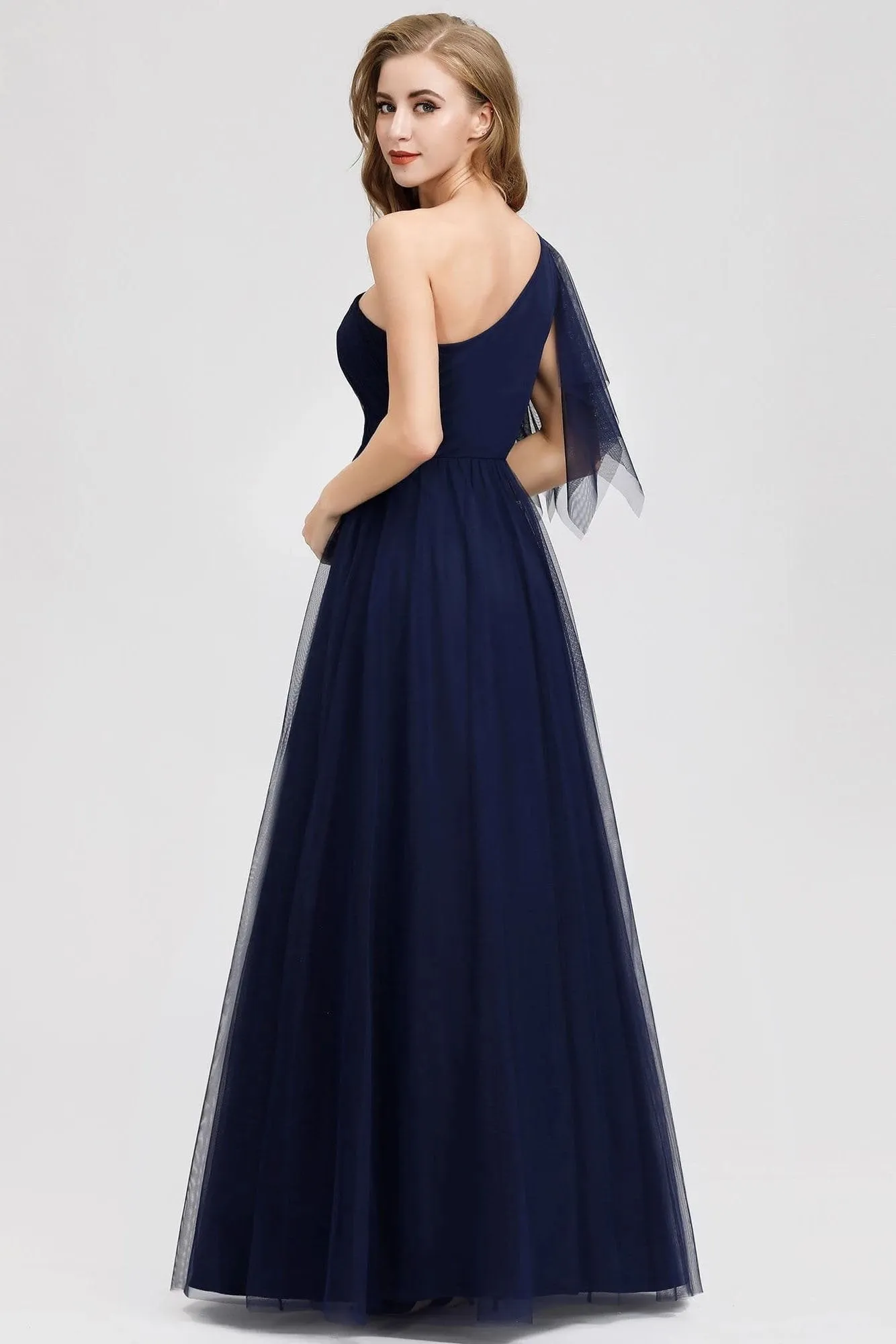 Simple A Line One Shoulder Navy Blue Tulle Prom Dresses Cheap Formal Dresses SWK15382