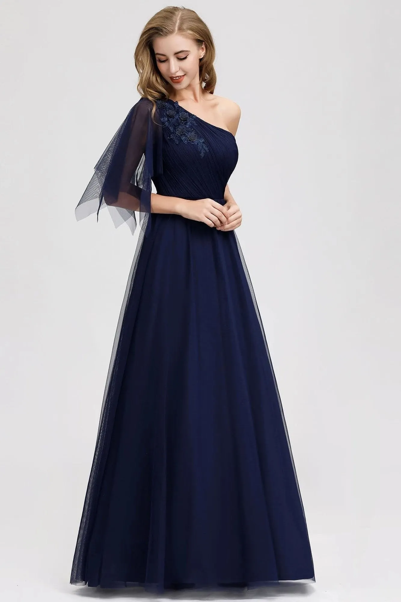 Simple A Line One Shoulder Navy Blue Tulle Prom Dresses Cheap Formal Dresses SWK15382