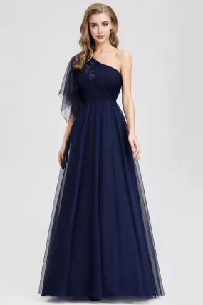 Simple A Line One Shoulder Navy Blue Tulle Prom Dresses Cheap Formal Dresses SWK15382