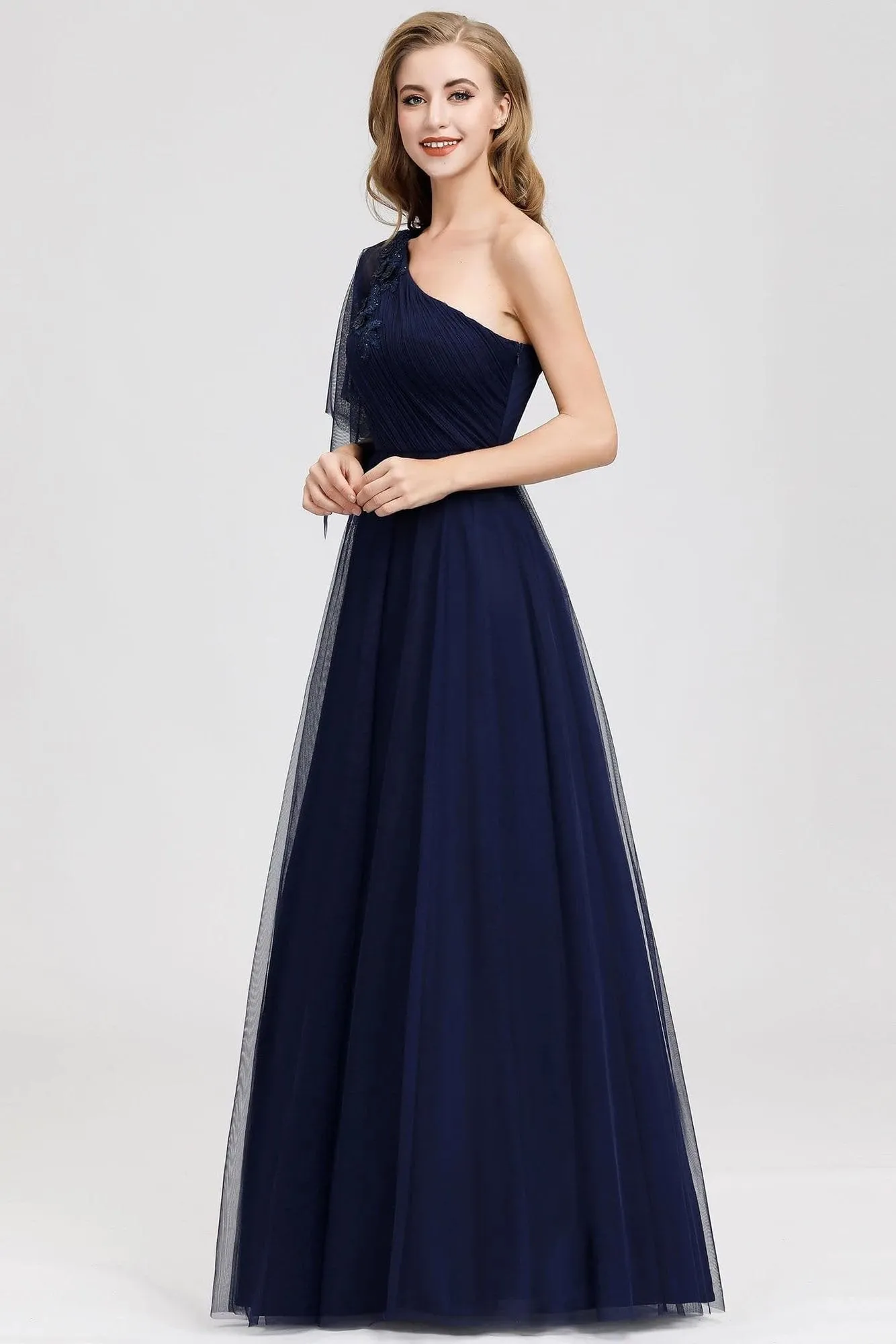 Simple A Line One Shoulder Navy Blue Tulle Prom Dresses Cheap Formal Dresses SWK15382