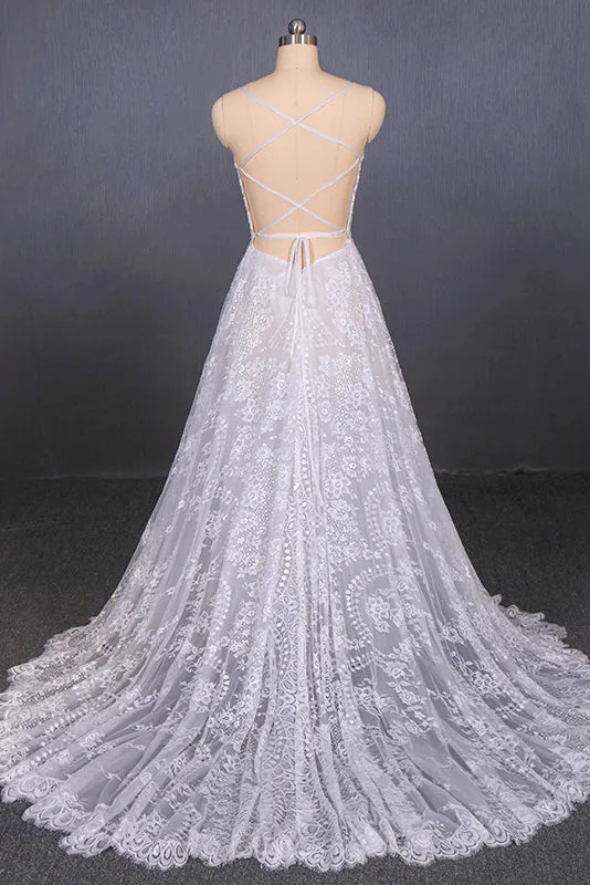 Spaghetti Straps Lace Wedding Dresses Backless Beach Bridal Dresses OW555