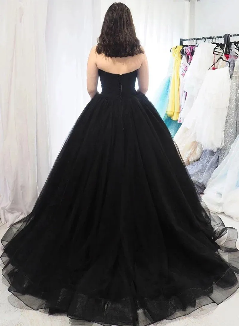 Sweetheart Tulle Ball Gown Black Formal Prom Dresses, Sleeveless Lace up Evening Dresses SWK15442