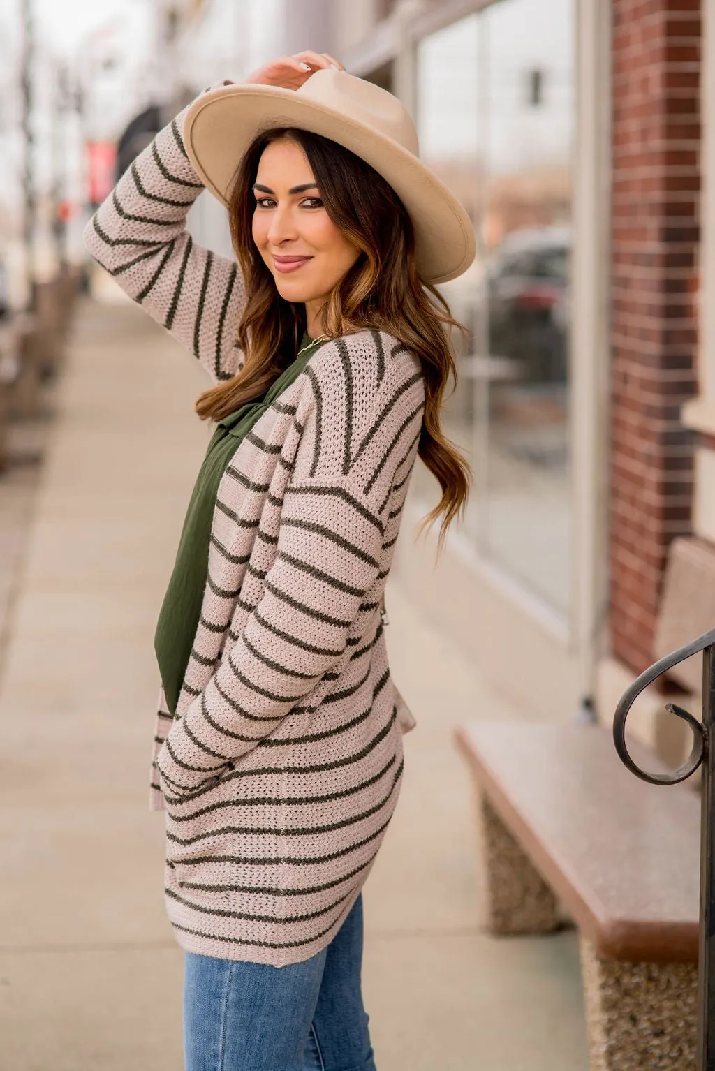 Thin Olive Striped Knit Tunic Cardigan