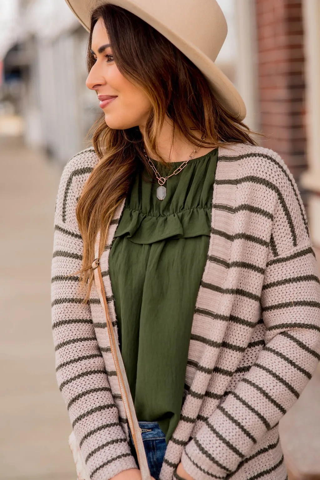 Thin Olive Striped Knit Tunic Cardigan