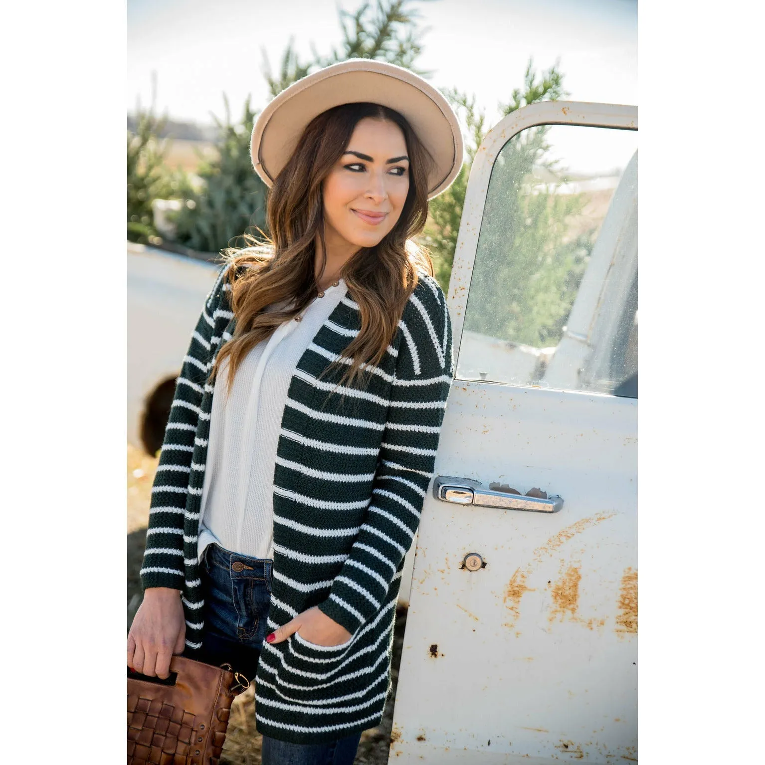 Thin Striped Knit Tunic Cardigan