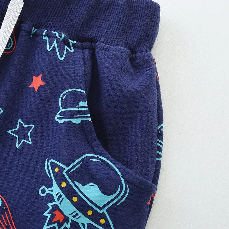 Toddler/Kid Boy's Blue Cotton Shorts with Cartoon Rocket Print Design