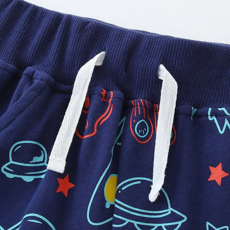 Toddler/Kid Boy's Blue Cotton Shorts with Cartoon Rocket Print Design