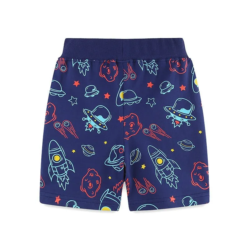 Toddler/Kid Boy's Blue Cotton Shorts with Cartoon Rocket Print Design