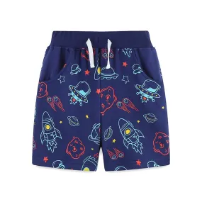 Toddler/Kid Boy's Blue Cotton Shorts with Cartoon Rocket Print Design