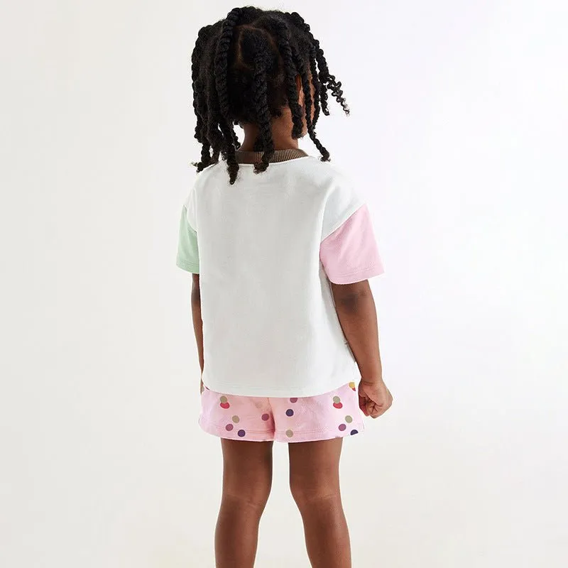 Toddler/Kid Girl's White Cartoon Top with Pink Dot Design Shorts Set