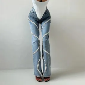 Trend4us Crystal-Embellished Wide-Leg Denim Jeans