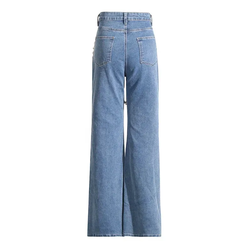 Trend4us Crystal-Embellished Wide-Leg Denim Jeans