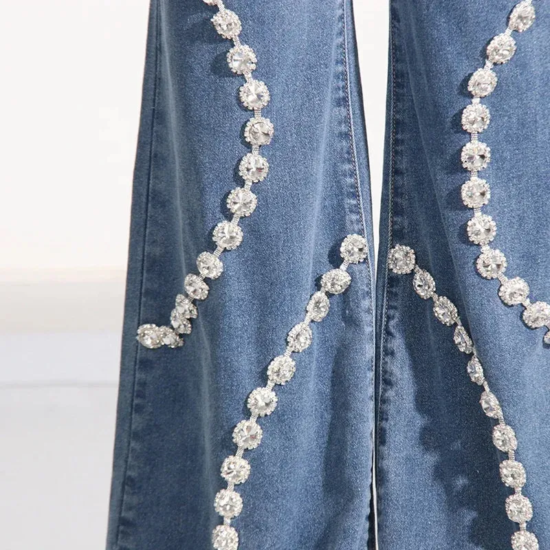 Trend4us Crystal-Embellished Wide-Leg Denim Jeans