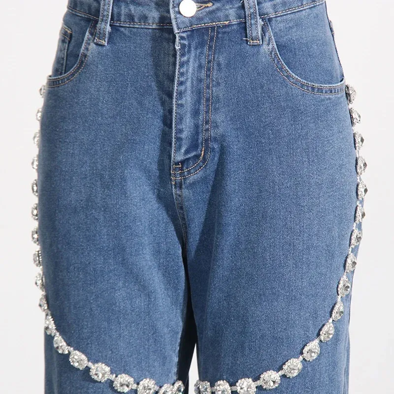 Trend4us Crystal-Embellished Wide-Leg Denim Jeans