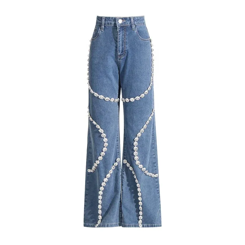 Trend4us Crystal-Embellished Wide-Leg Denim Jeans