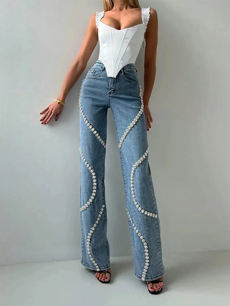 Trend4us Crystal-Embellished Wide-Leg Denim Jeans