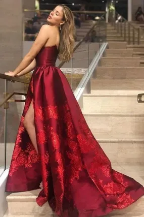 Unique A Line Strapless Burgundy Satin Prom Dresses with Appliques, Formal Dresses SWK15454