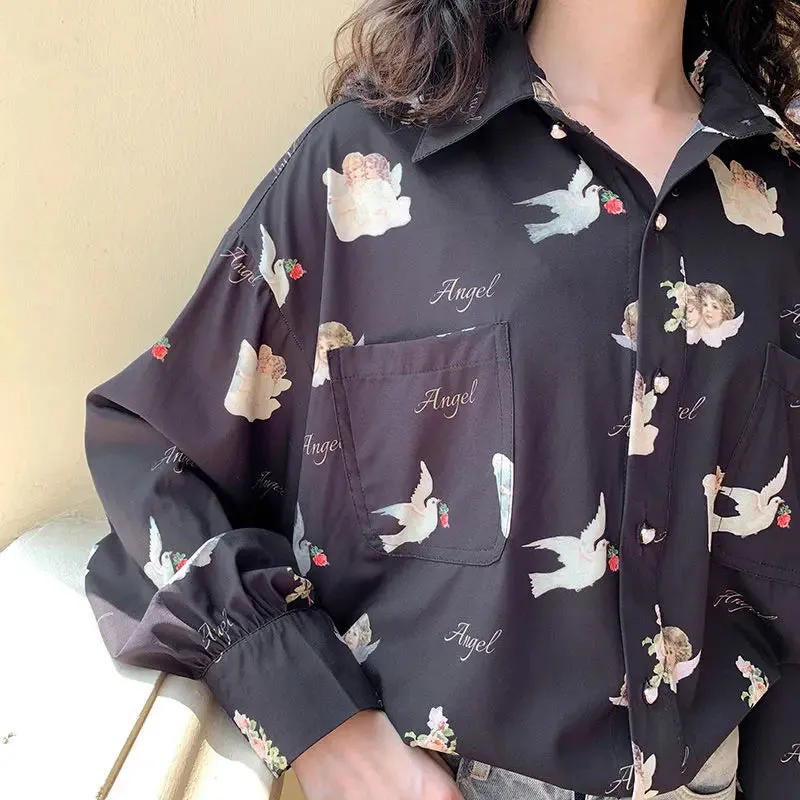 Vintage Elegant Lantern Sleeve Autumn2024 Loose BF Angel Print Women's Blouse