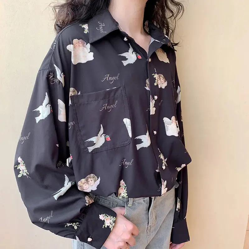 Vintage Elegant Lantern Sleeve Autumn2024 Loose BF Angel Print Women's Blouse