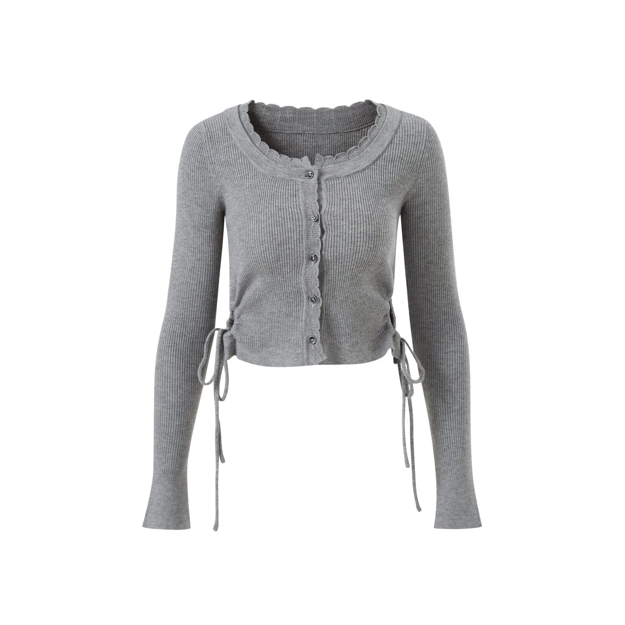 Waist Hollow Thin Lace Collar Knitted Cardigan In Gray