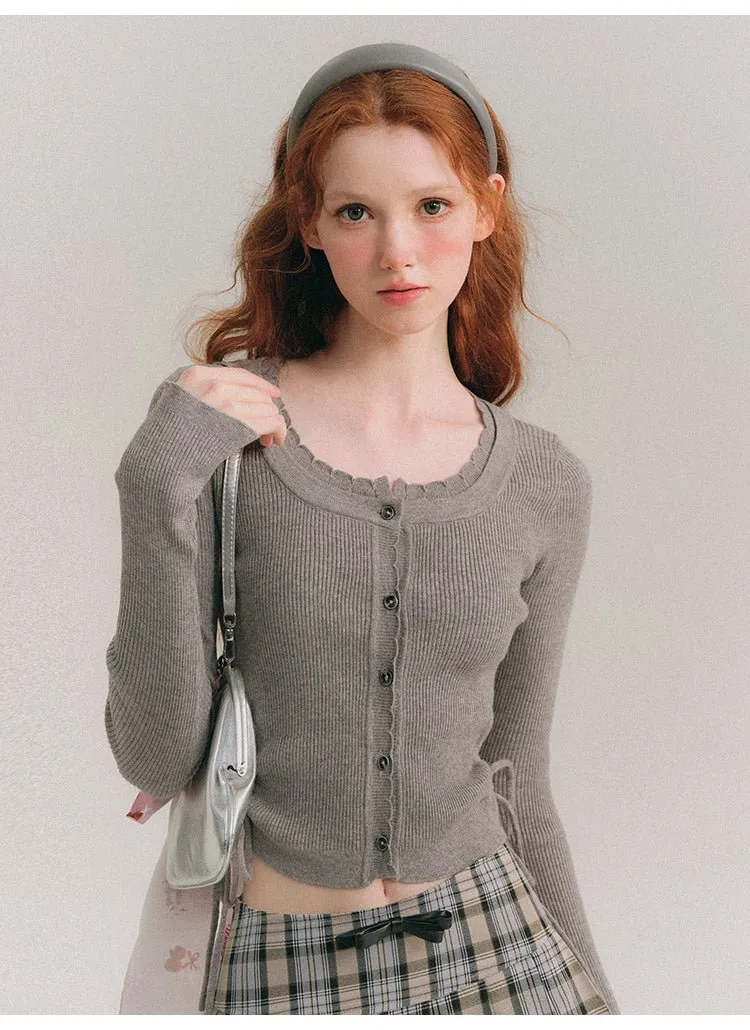 Waist Hollow Thin Lace Collar Knitted Cardigan In Gray