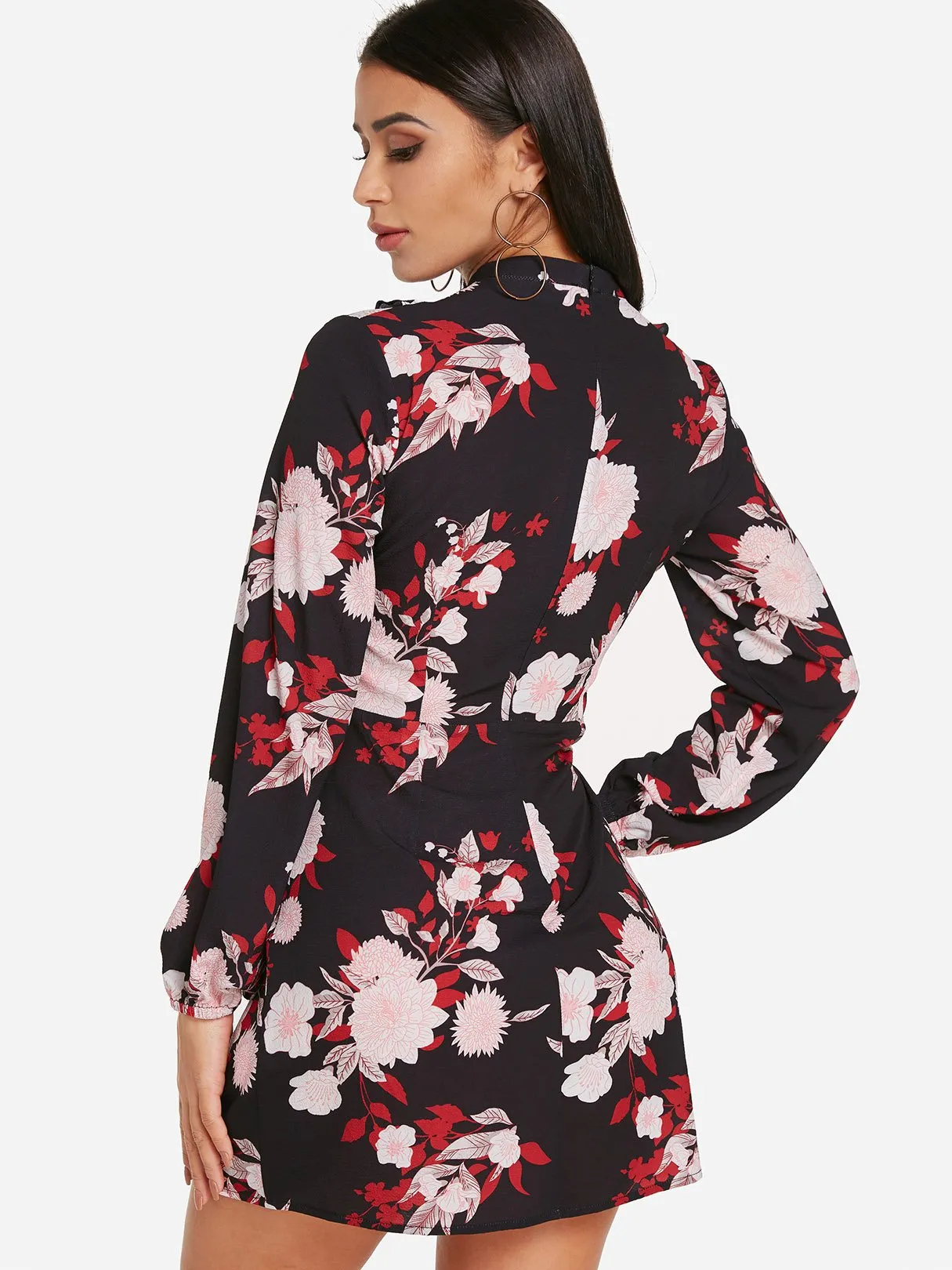 Wholesale Black Crew Neck Long Sleeve Floral Print Dresses